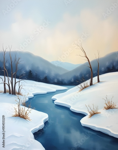 winter, snow, landscape, trees, forest, oil, painting, artwork, art, canvas, texture, brushstroke, nature, scenery, cold, frosty, icy, white, blue, sky, clouds, snowfall, peaceful, calm, serene, quiet