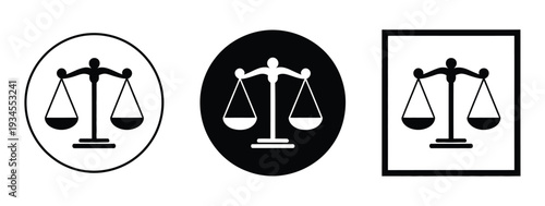 Scales of justice law legal icon set representing fairness, balance, courtroom, law, and legal concepts for professional design and educational projects.