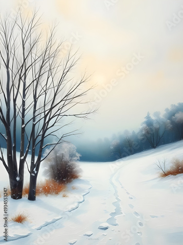 winter, snow, landscape, trees, forest, oil, painting, artwork, art, canvas, texture, brushstroke, nature, scenery, cold, frosty, icy, white, blue, sky, clouds, snowfall, peaceful, calm, serene, quiet