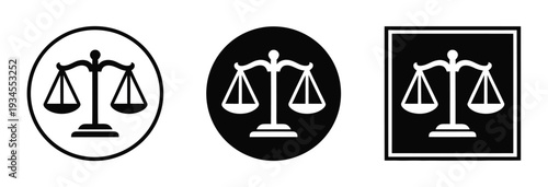 Scales of justice law and legal icon illustration set in vector format for courtroom, lawyer, law firm, justice, fairness, and professional legal design projects.