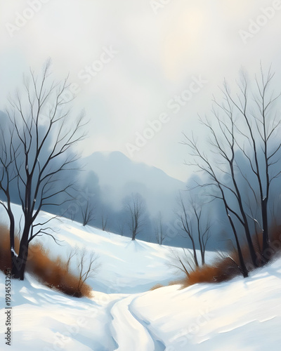 winter, snow, landscape, trees, forest, oil, painting, artwork, art, canvas, texture, brushstroke, nature, scenery, cold, frosty, icy, white, blue, sky, clouds, snowfall, peaceful, calm, serene, quiet