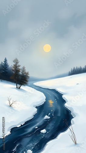 winter, landscape, snow, trees, forest, oilpainting, painting, artwork, art, canvas, texture, brushstroke, nature, scenery, scenic, cold, frosty, icy, white, blue, sky, clouds, snowfall, serene, peace