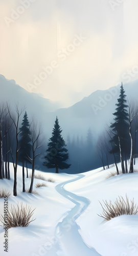 winter, landscape, snow, trees, forest, oilpainting, painting, artwork, art, canvas, texture, brushstroke, nature, scenery, scenic, cold, frosty, icy, white, blue, sky, clouds, snowfall, serene, peace