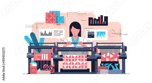 A female operator manages a futuristic textile manufacturing machine, surrounded by digital interfaces, charts, and data visualizations.