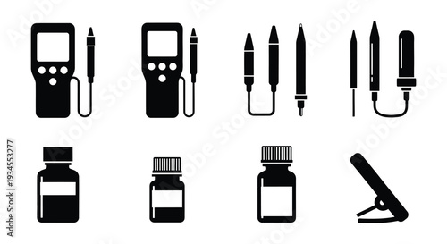 Collection of black silhouette icons representing various tools and devices
