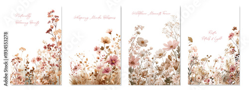 Wildflowers and rustic botanical elements blooming softly in muted pastel watercolor tones, creating a serene and elegant artistic background for spring and summer concepts