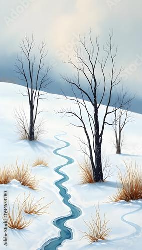 winter, landscape, snow, trees, forest, oilpainting, painting, artwork, art, canvas, texture, brushstroke, nature, scenery, scenic, cold, frosty, icy, white, blue, sky, clouds, snowfall, serene, peace