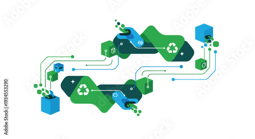 An abstract infographic illustrating a circular economy with recycling bins and symbols connected by a flow of materials.