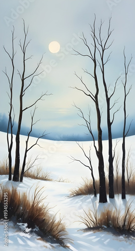 winter, landscape, snow, trees, forest, oilpainting, painting, artwork, art, canvas, texture, brushstroke, nature, scenery, scenic, cold, frosty, icy, white, blue, sky, clouds, snowfall, serene, peace
