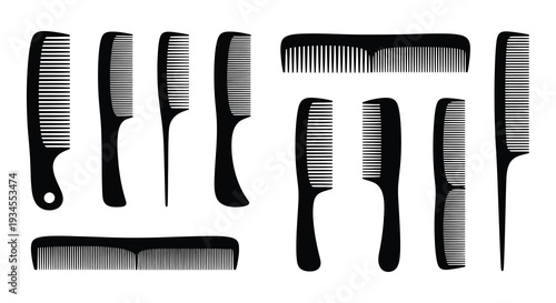 Collection of various black combs displayed in a simple arrangement
