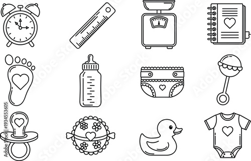 Baby care icons set, newborn essentials outline collection, infant accessories vector illustration isolated on white background