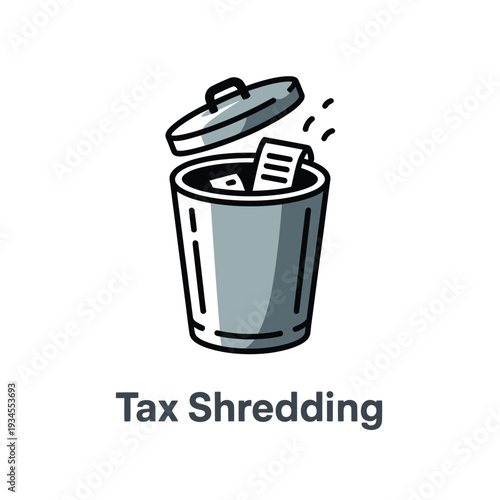 Illustration of a metal trash can with shredded paper falling inside