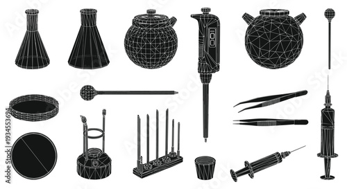 A comprehensive set of black and white laboratory equipment, including flasks, pipettes, and syringes, illustrated in a detailed woodcut style.
