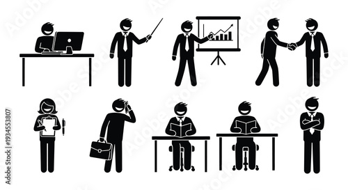 Stick figure icons depicting various business professionals and office scenes