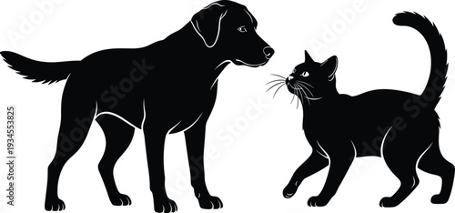 Black silhouette illustration of dog and cat facing each other, isolated on white background, pet friendship concept, vector graphic design, minimal flat style artwork