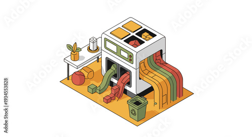 An isometric illustration of a recycling machine sorting and processing different materials into colorful streams, promoting environmental sustainability.
