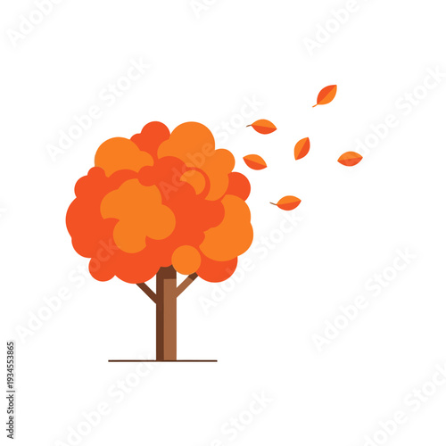 Autumn Tree with Falling Leaves in Wind, Orange Foliage, Seasonal Change, Vector Illustration