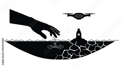 A black silhouette of a hand touching water that turns into cracked earth, with a drone flying above, illustrating climate change and technology.