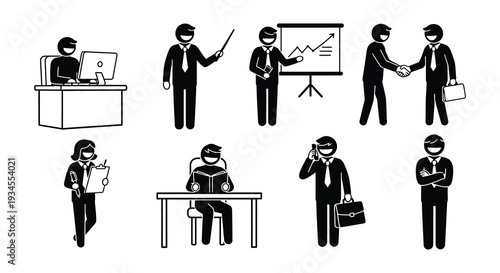Stick figure icons depicting various business professionals and office scenes