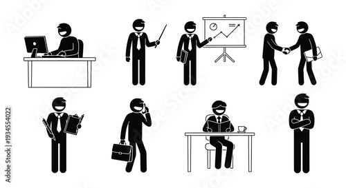 Stick figure icons depicting various business professionals and office scenes