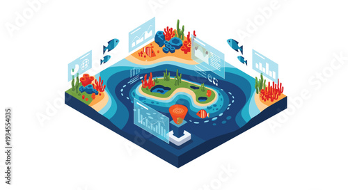 An isometric illustration of a marine research island with coral reefs, fish, and futuristic data interfaces monitoring the ocean ecosystem.