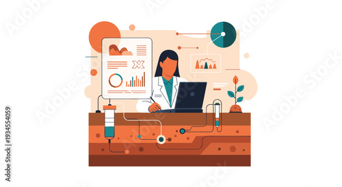 A female soil scientist analyzes data on a laptop, with an illustration showing a cross-section of earth and advanced monitoring equipment.