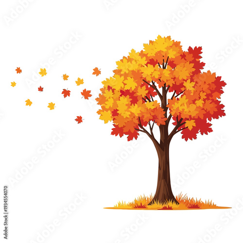 Autumn tree with falling leaves, vibrant orange and yellow foliage, wind blowing