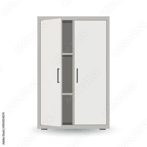 Modern white two-door cabinet with gray interior and shelves.