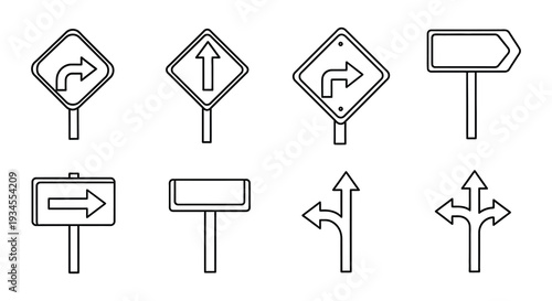 Collection of black and white line art road and direction signs