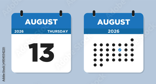 August 13 2026 (Thursday) Calendar page Vector Illustration. 13 August calendar page. Day calendar with date August 13. Checklist day calendar. Modern Calendar template icon. Week Starts on Sunday.
