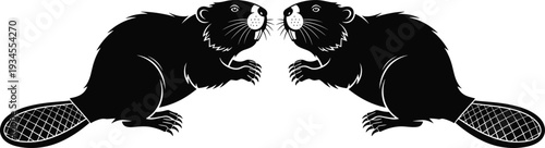 Black silhouette illustration of two beavers facing each other, isolated on white background, wildlife animal vector graphic, symmetrical flat design artwork