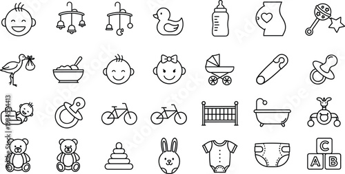 Baby nursery outline icons set, newborn care essentials collection, infant toys accessories vector illustration isolated on white background