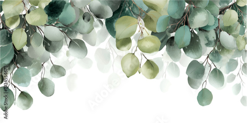 Eucalyptus leaves in soft green and teal watercolor form a delicate upper border on white background, creating a serene botanical frame for invitations and designs