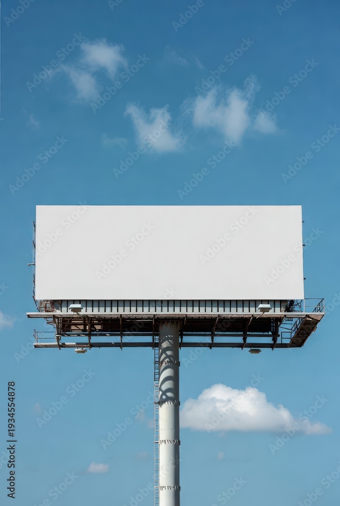 Obraz premium Large blank outdoor billboard mockup on metal pole against clear blue sky with white clouds, horizontal city street advertising hoarding display for commercial marketing presentation