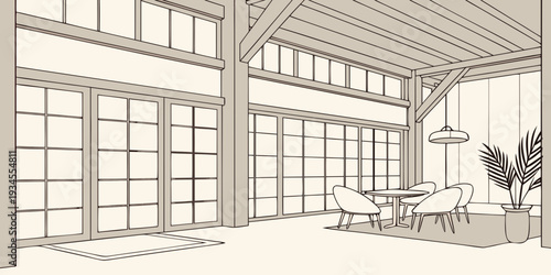 A spacious living room with large windows and a comfortable couch