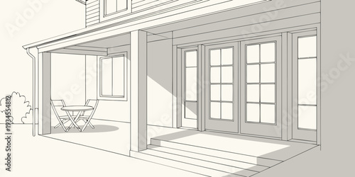 A detailed architectural drawing of a modern house with an open floor plan and large windows.