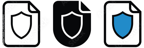 Secure document icons with shield symbol for data protection, confidential file certification, secure storage, cybersecurity, privacy, and professional vector graphics for digital and business project