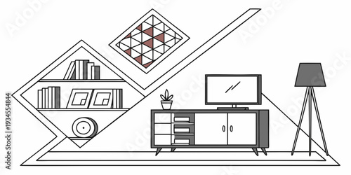 A modern living room with a large window, a bookshelf, and a television