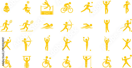 Sports Silhouette Icon Set with Running Cycling Swimming Archery Weightlifting Volleyball and Paralympic Activities Flat Vector Collection.