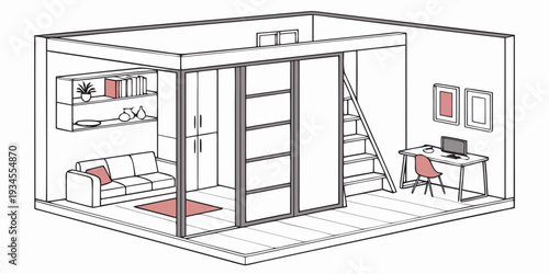 A detailed illustration of a modern bedroom with a walk-in closet and a study area