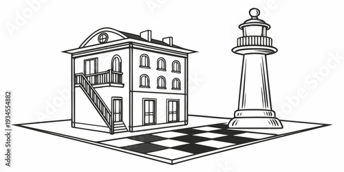 A quaint town with a lighthouse standing tall on the shore