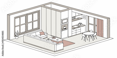 Modern living room with large windows and minimalist furniture arrangement