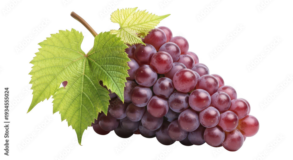 Fototapeta premium A bunch of red grapes with green leaves on transparent background
