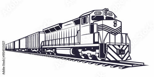 A detailed black and white illustration of a train traveling on a track