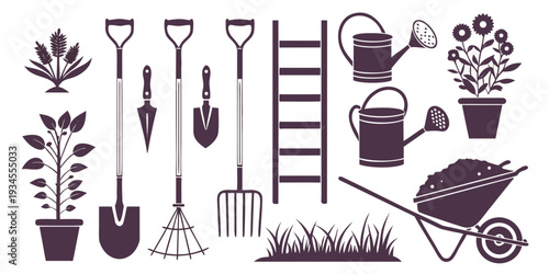 A variety of gardening tools and accessories arranged neatly in a row