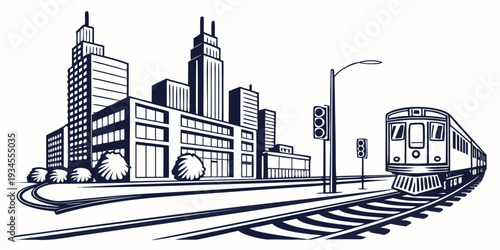 A bustling cityscape with a tram on the tracks and tall buildings in the background