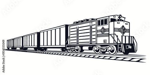 A detailed illustration of a train with multiple freight cars on a railway track