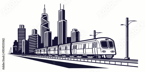 Modern cityscape with skyscrapers and a train in the foreground