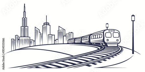 A vintage train journeying through a cityscape with skyscrapers and buildings.