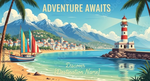 Wallpaper Mural Vintage travel poster shows colorful sailboat near tropical coastal town. Torontodigital.ca